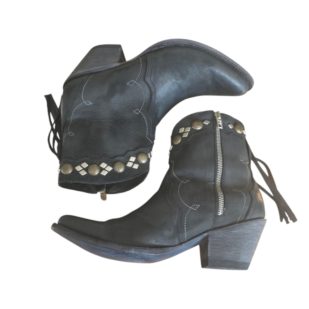 Yippee Ki Yay Old Gringo Black Leather Ankle Boots Fringe & Studded Western 8.5 - Picture 7 of 16